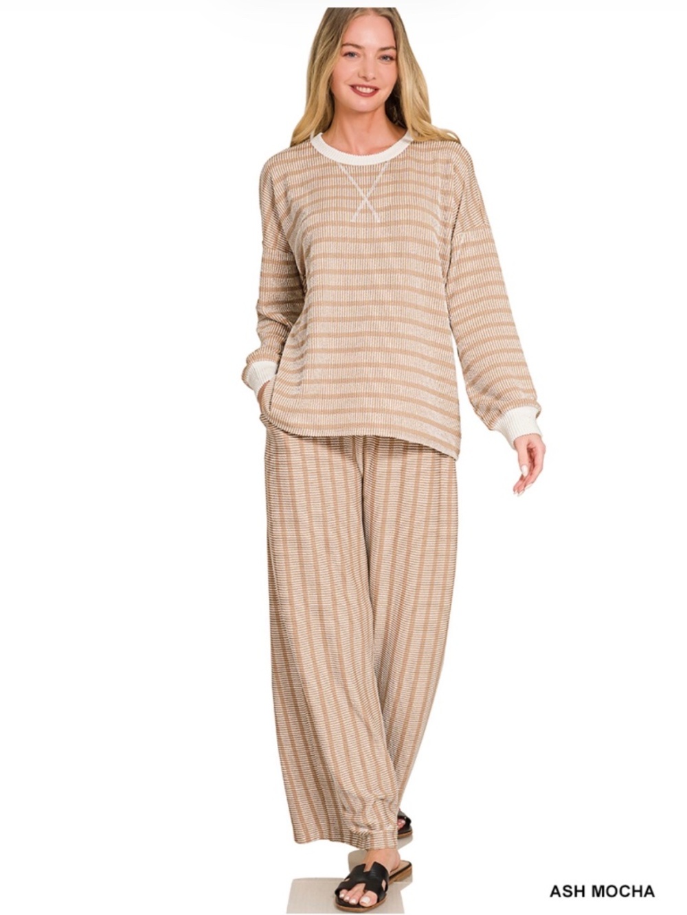 Zenana Mocha Brown Striped 2 Piece Sweater Wide Leg Pants Matching Set